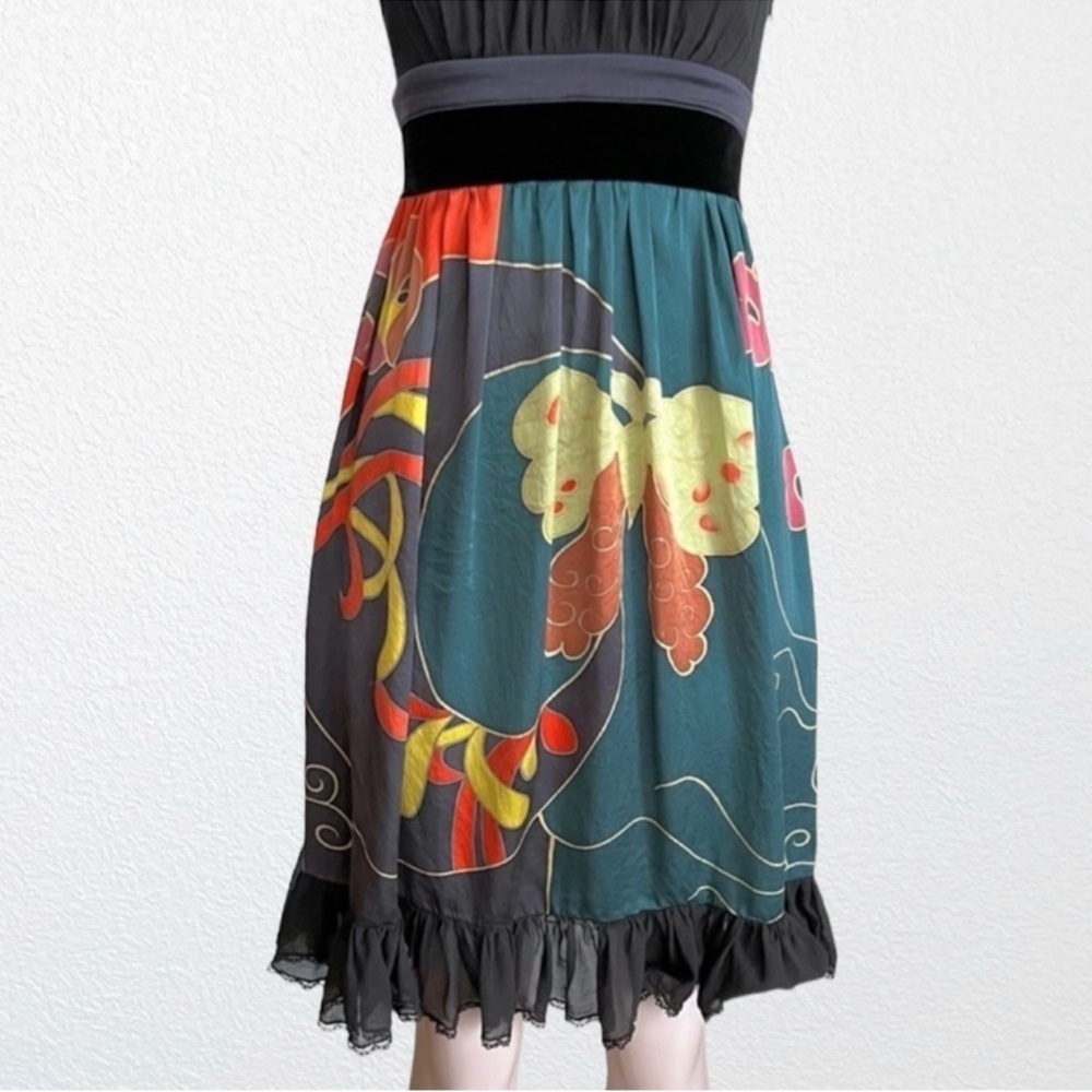 Sue Wong Ruffle Silk Strappy Dress Black Floral Botanical Print SZ 0 - Picture 5 of 11
